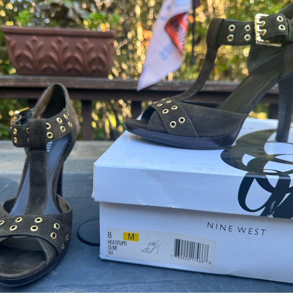 Nine West Olive Heeled Sandals with Gold Accents